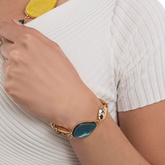 Bracciale in metallo con inserti in acrilico giallo e blu