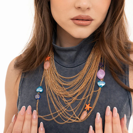 Collana multi catene con inserti marini in acrilico multicolore