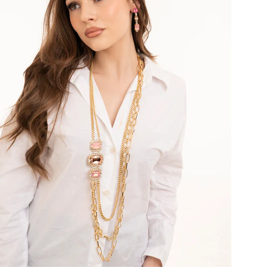 Collana lunga multi catena inserto in vetro tono rosa